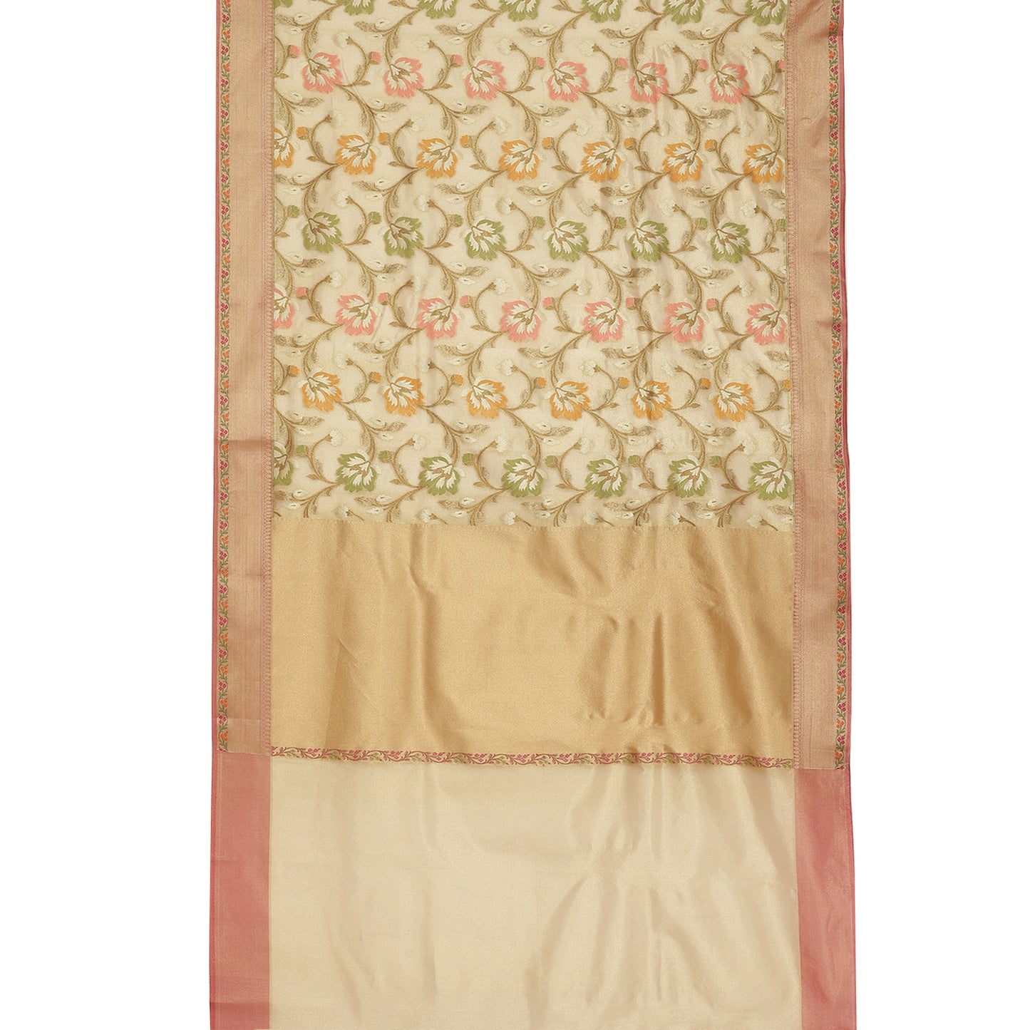 Faishana Presents Beige Tissue Tilfi Jaal Floral Meena Weaving Tilfi Kadiyal Beige Border Banarasi Saree
