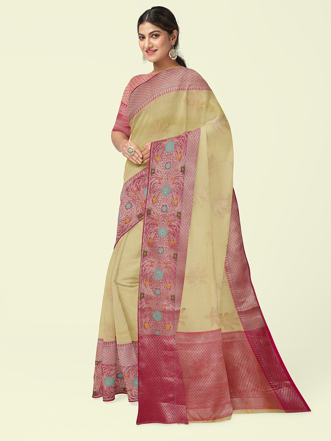 Faishana Presents Beige Woven Organza Pink Border With Pink Blouse Banarasi Saree