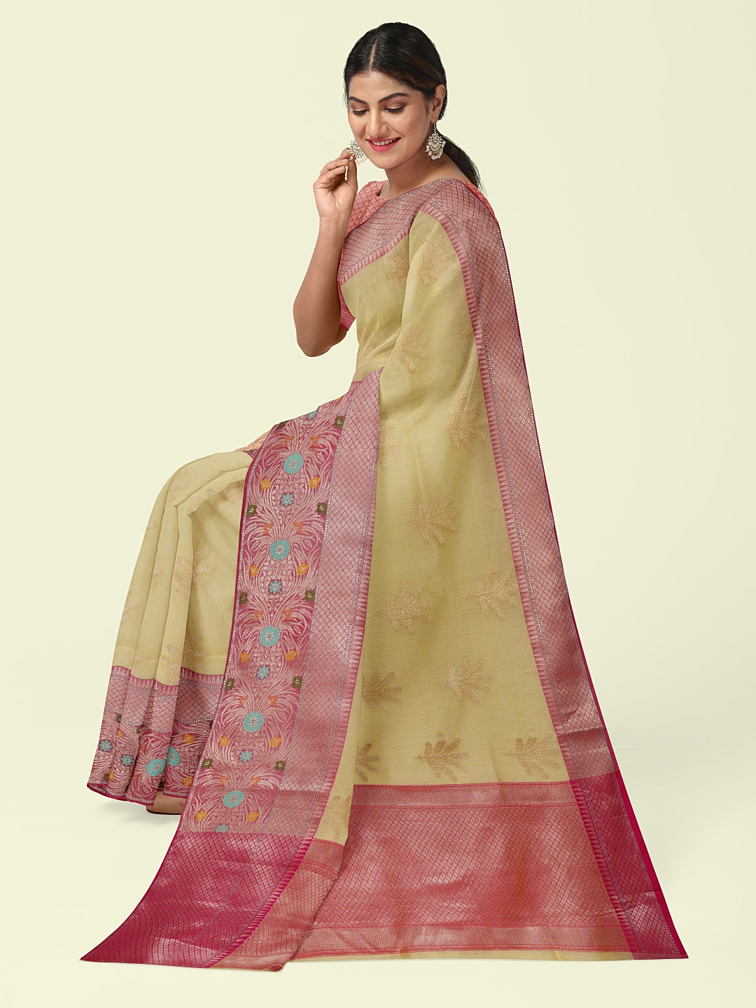 Faishana Presents Beige Woven Organza Pink Border With Pink Blouse Banarasi Saree