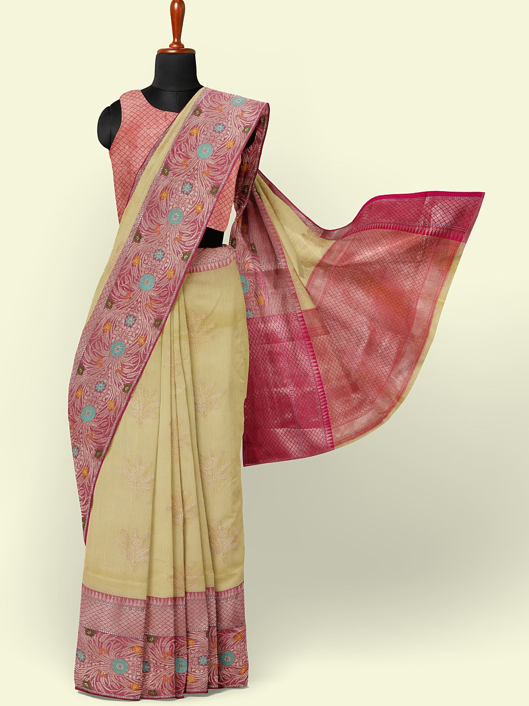 Faishana Presents Beige Woven Organza Pink Border With Pink Blouse Banarasi Saree