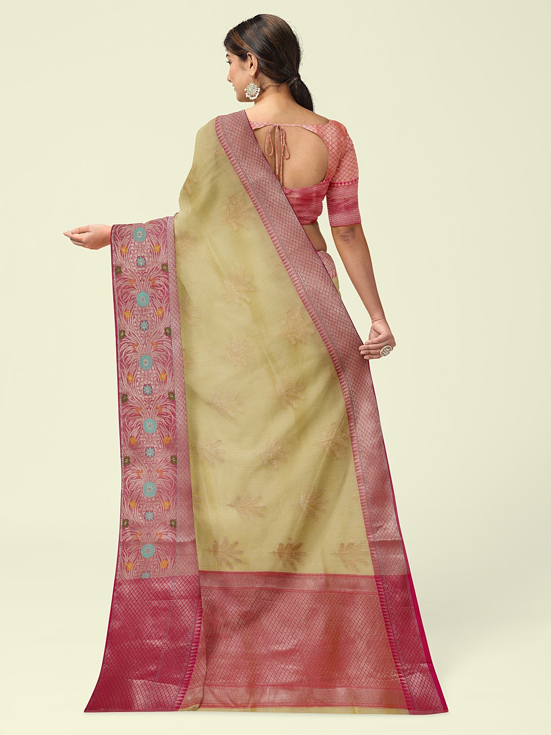 Faishana Presents Beige Woven Organza Pink Border With Pink Blouse Banarasi Saree