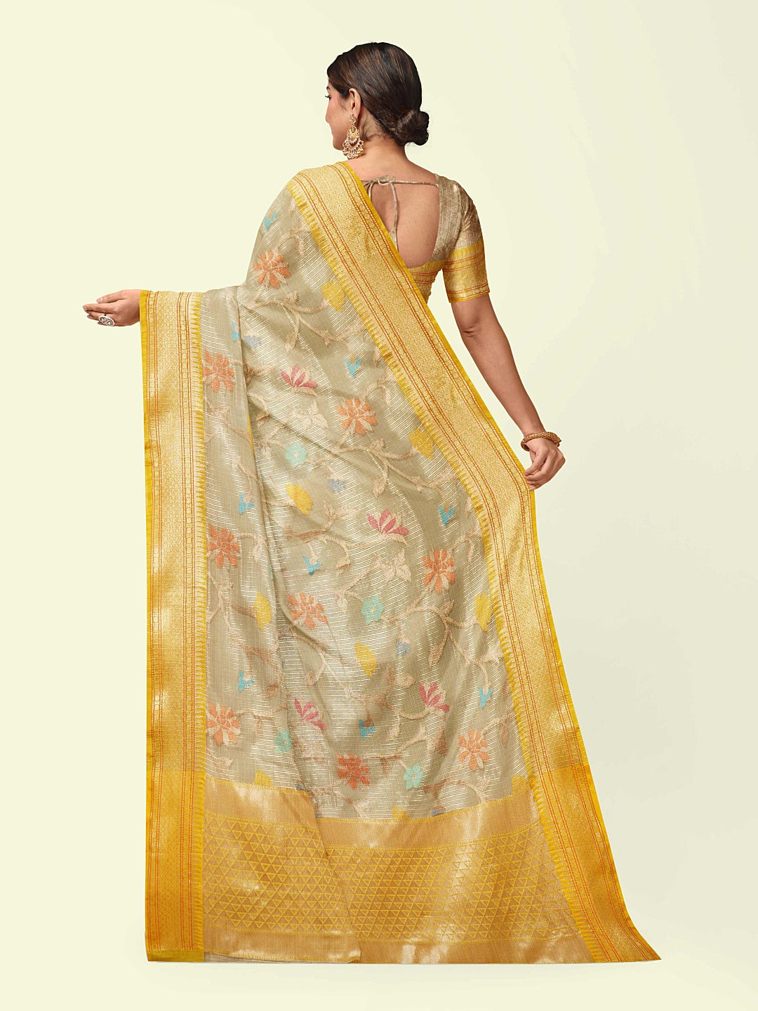 Faishana Presents Grey Woven Organza Yellow Border With Beige Blouse Banarasi Saree