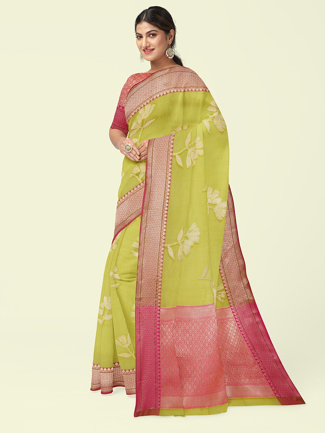 Faishana Presents Green Woven Organza Pink Border With Pink Blouse Banarasi Saree