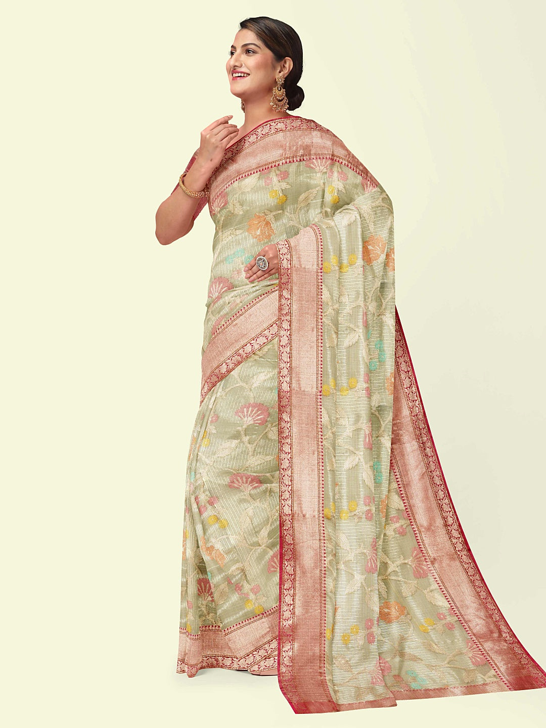 Faishana Presents Beige Woven Organza Pink Border With Pink Blouse Banarasi Saree