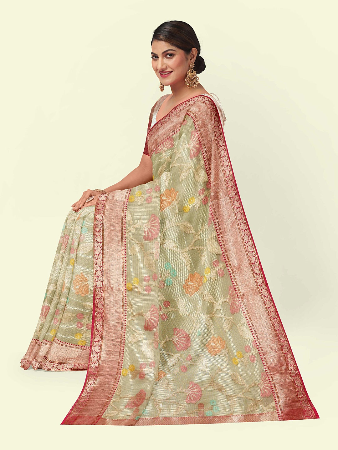 Faishana Presents Beige Woven Organza Pink Border With Pink Blouse Banarasi Saree