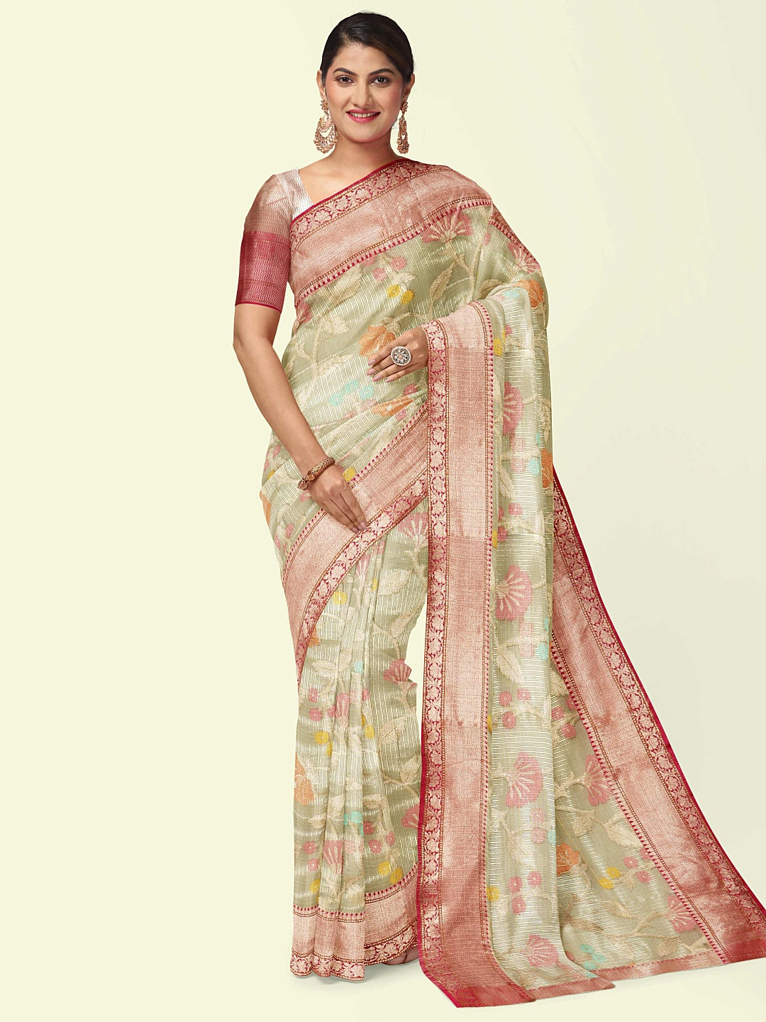 Faishana Presents Beige Woven Organza Pink Border With Pink Blouse Banarasi Saree