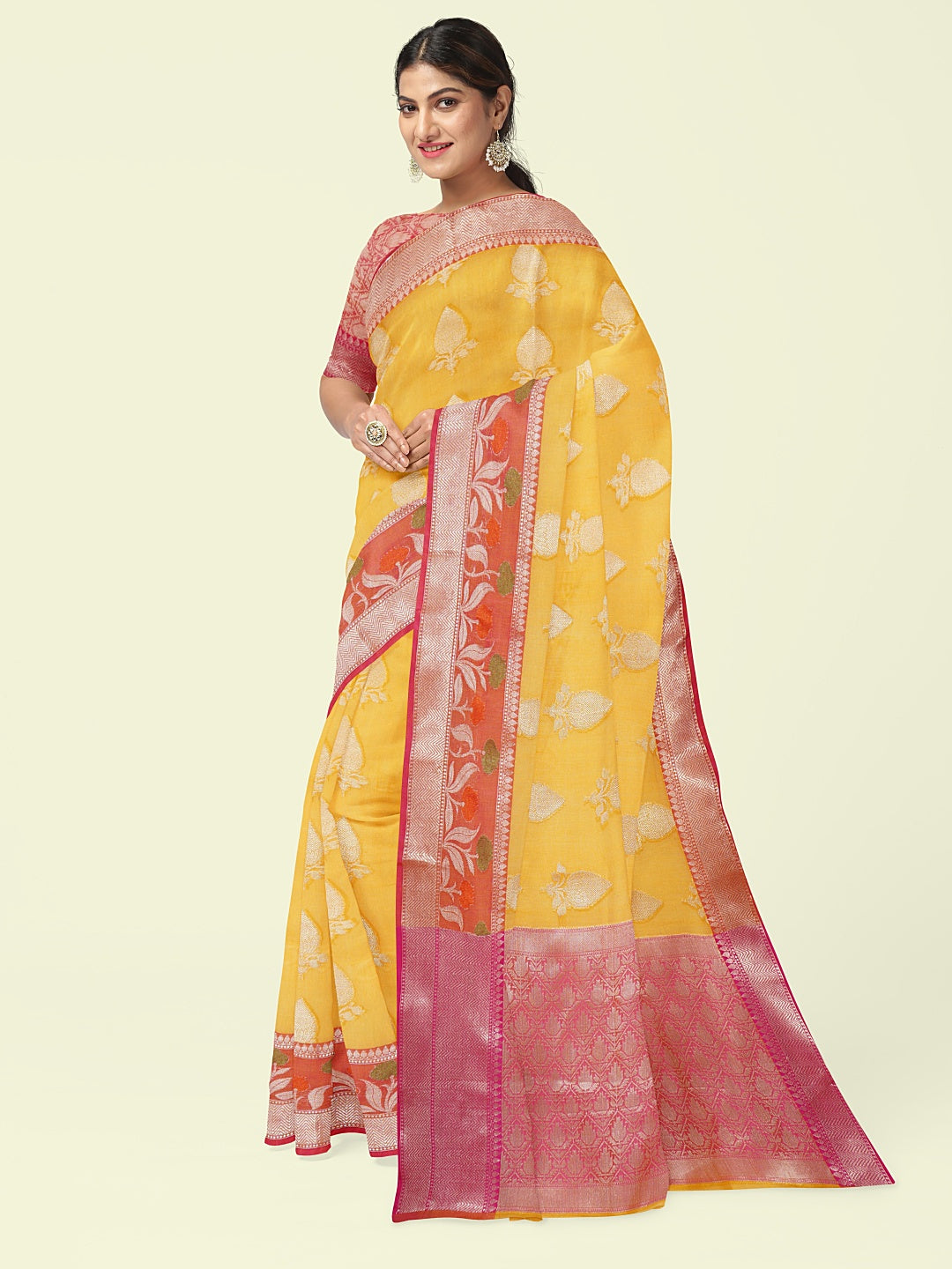 Gold Cotton Blend Banarasi Sarees For Women GEHKR 11