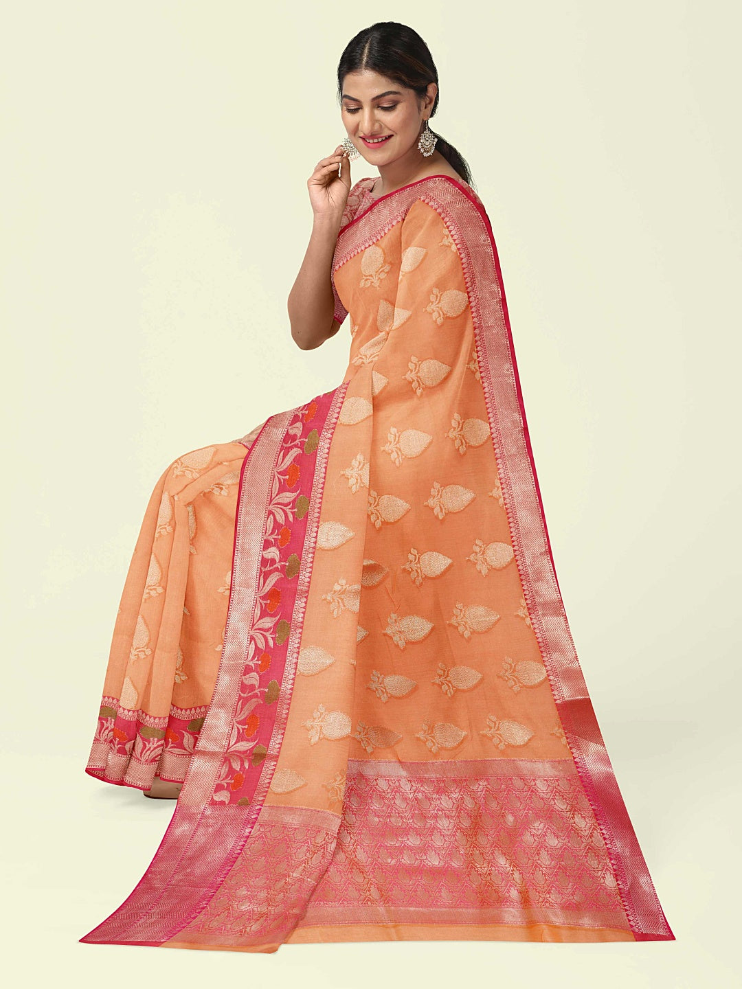 Faishana Presents Orange Woven Organza Pink Border With Pink Blouse Banarasi Saree