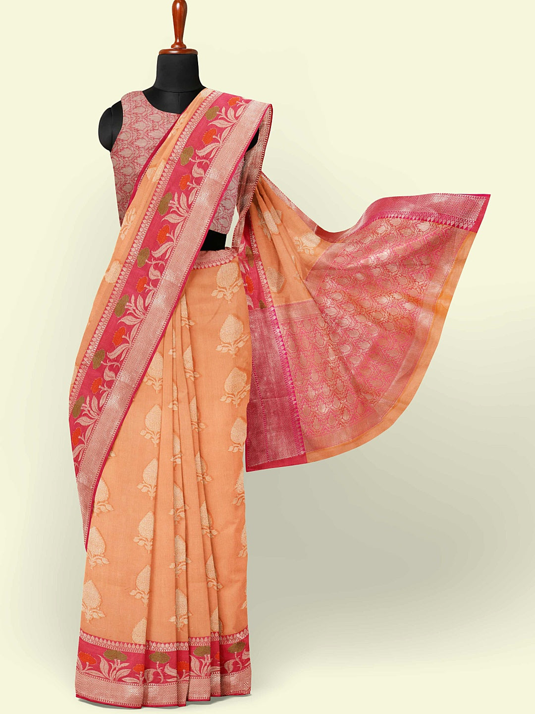 Faishana Presents Orange Woven Organza Pink Border With Pink Blouse Banarasi Saree