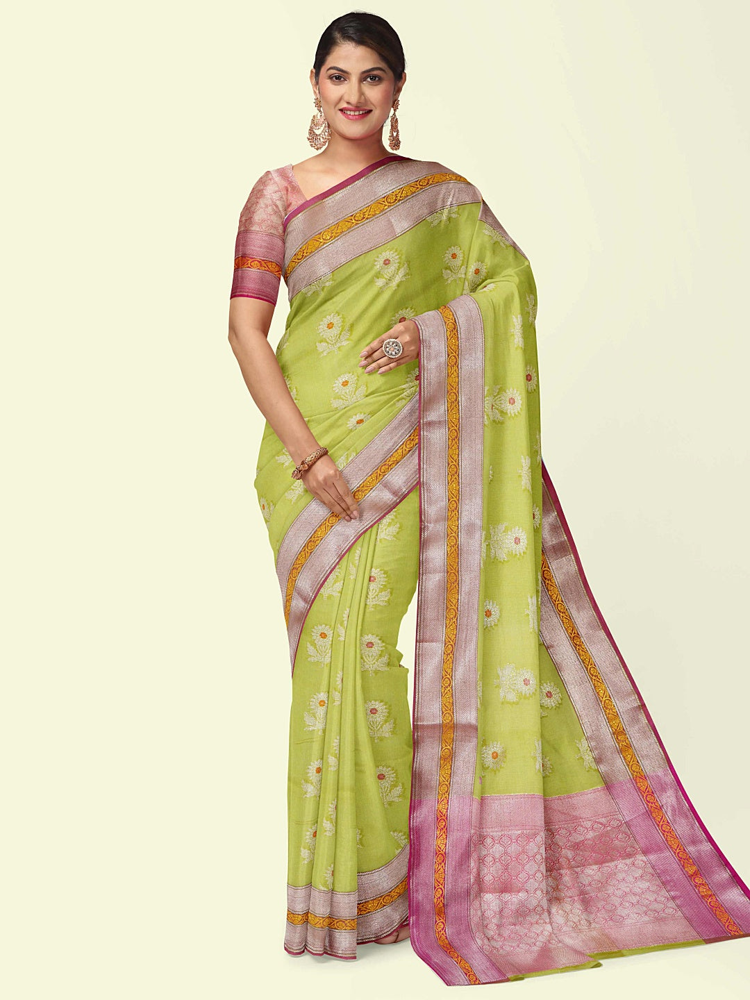 Green Cotton Blend Banarasi Sarees For Women GEHKR 17