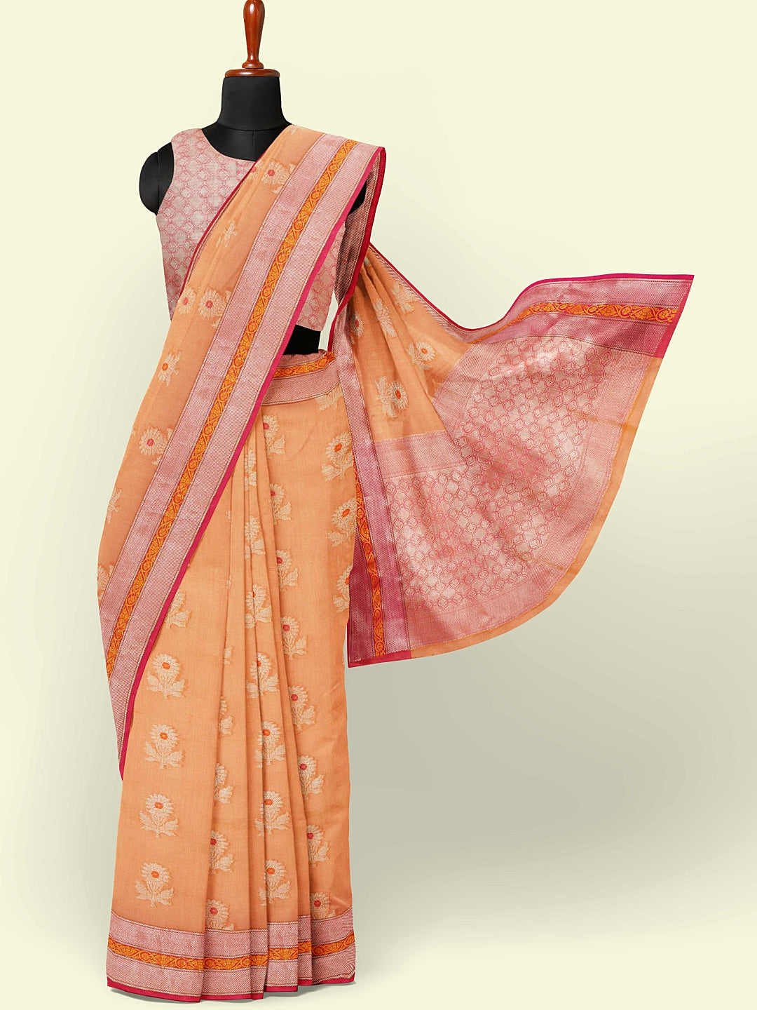 Faishana Presents Orange Woven Organza Pink Border With Pink Blouse Banarasi Saree