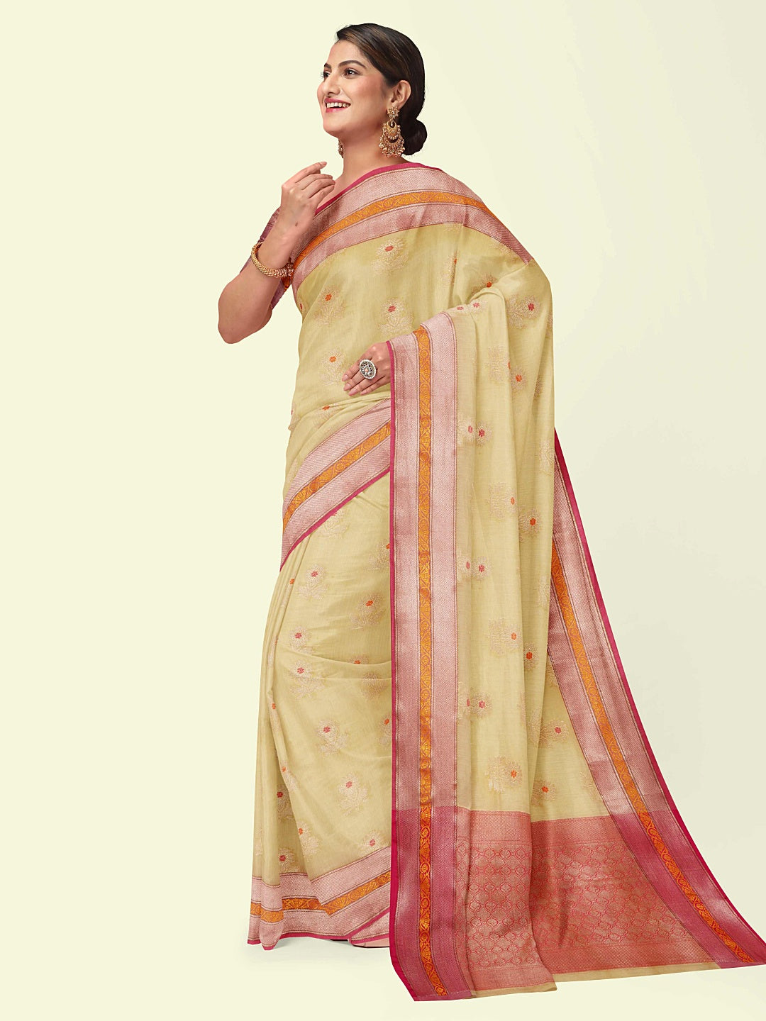 Beige Cotton Blend Banarasi Sarees For Women GEHKR 20