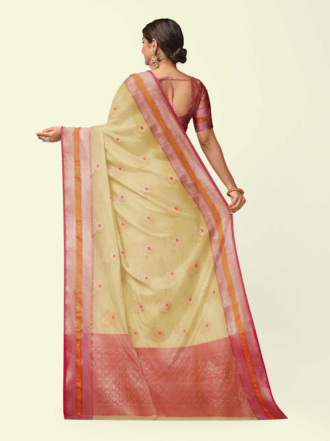 Faishana Presents Beige Woven Organza Pink Border With Pink Blouse Banarasi Saree
