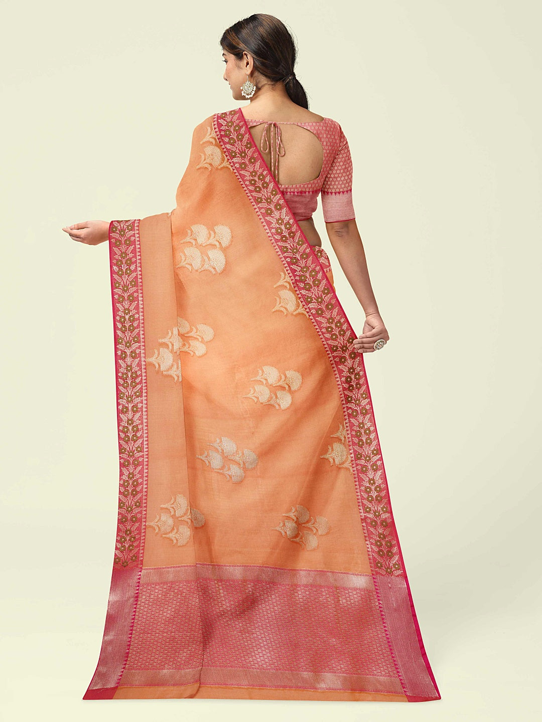 Faishana Presents Orange Woven Organza Pink Border With Pink Blouse Banarasi Saree