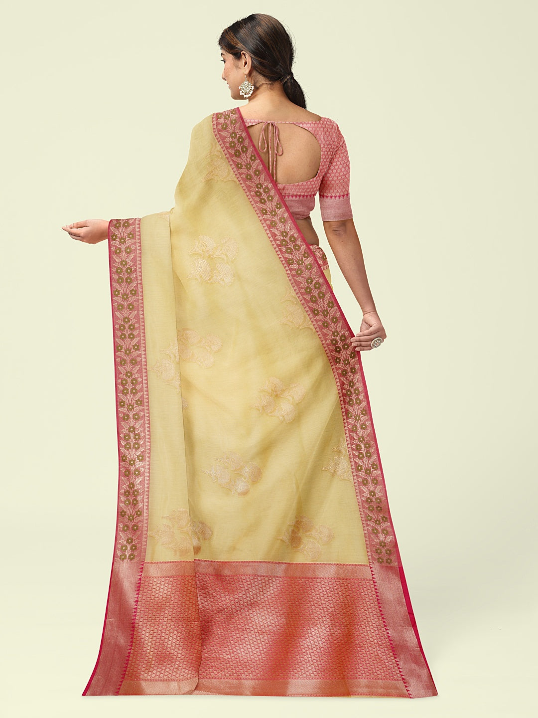 Faishana Presents Beige Woven Organza Pink Border With Pink Blouse Banarasi Saree