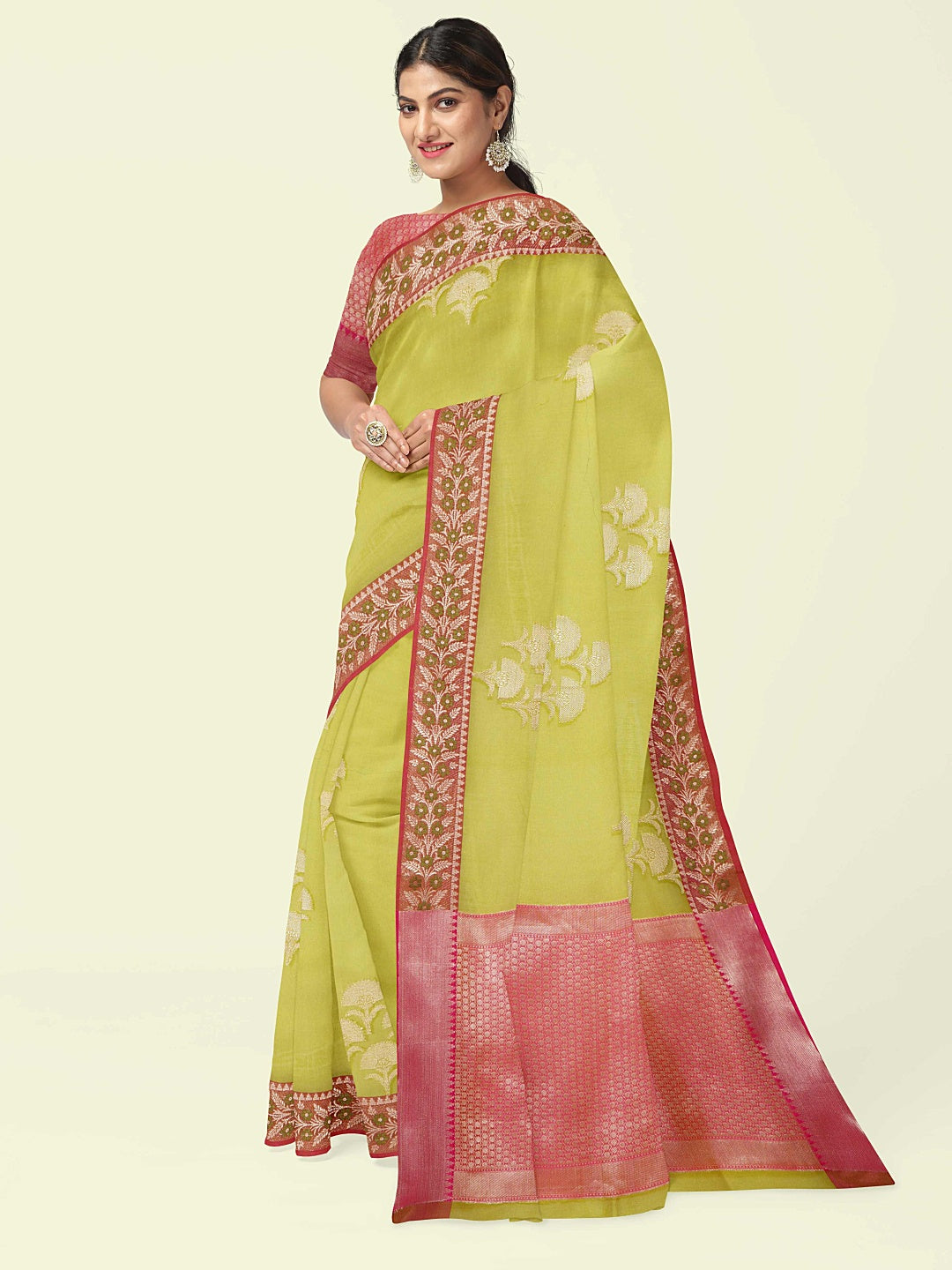 Green Cotton Blend Banarasi Sarees For Women GEHKR 25