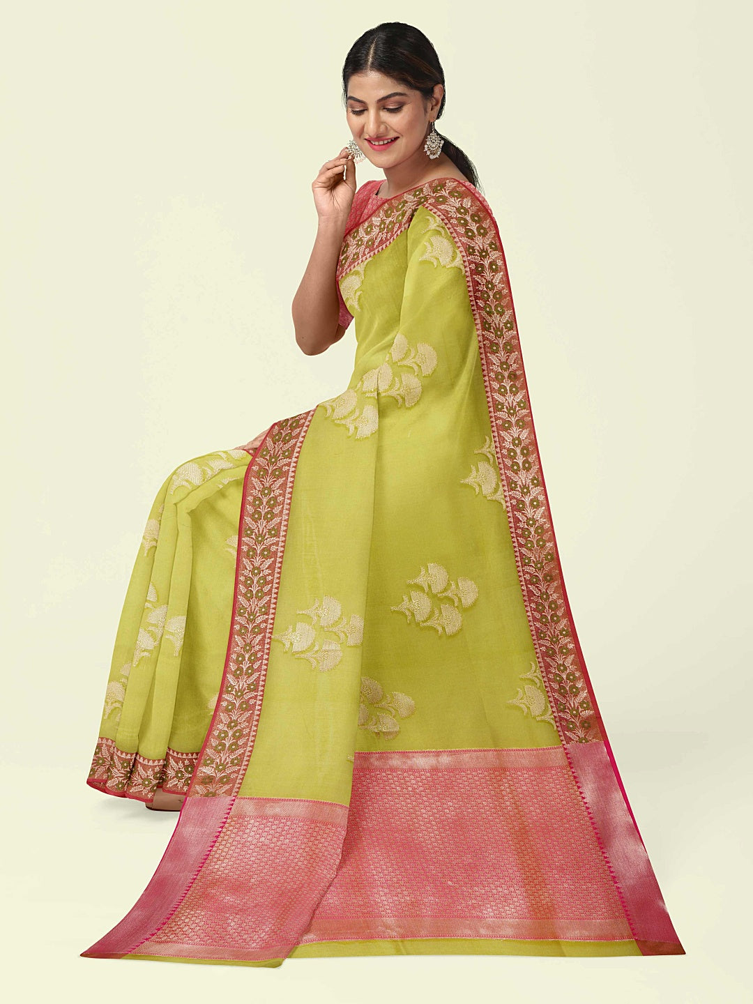Green Cotton Blend Banarasi Sarees For Women GEHKR 25