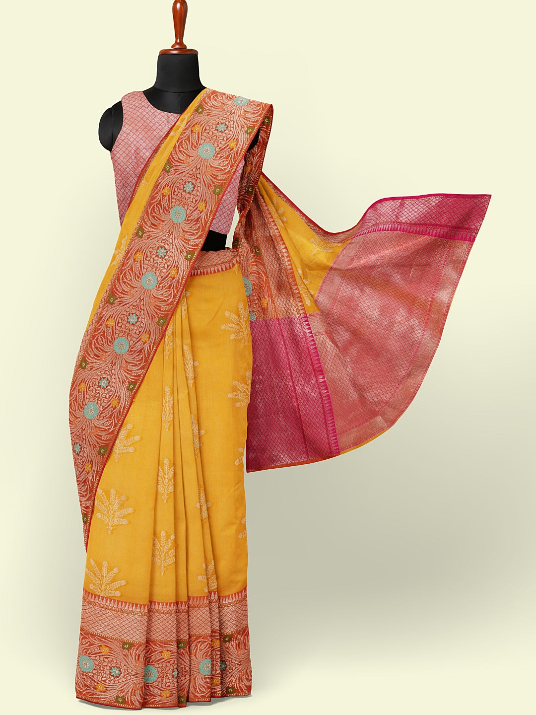 Yellow Cotton Blend Banarasi Sarees For Women GEHKR 2