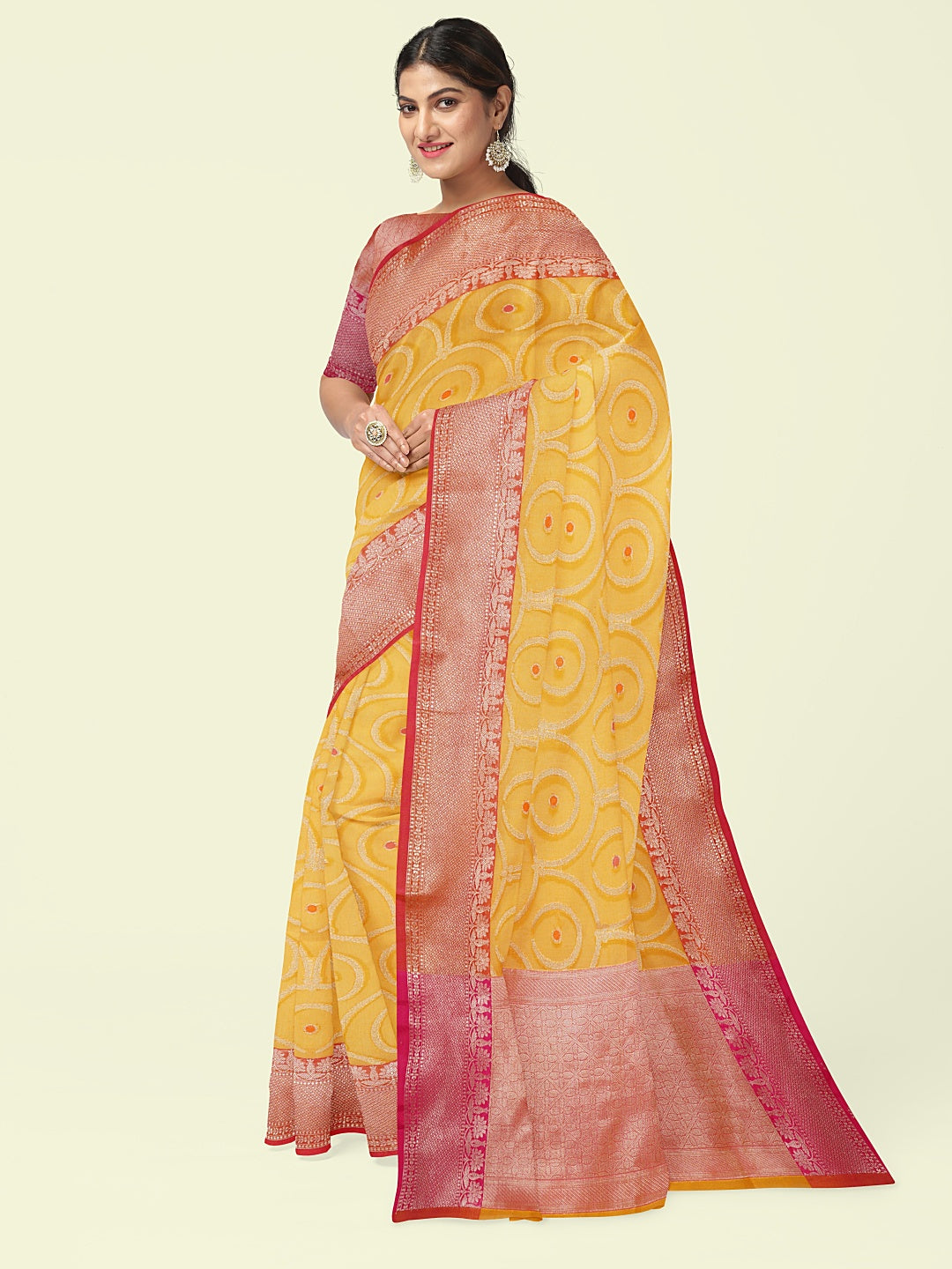 Yellow Cotton Blend Banarasi Sarees For Women GEHKR 30