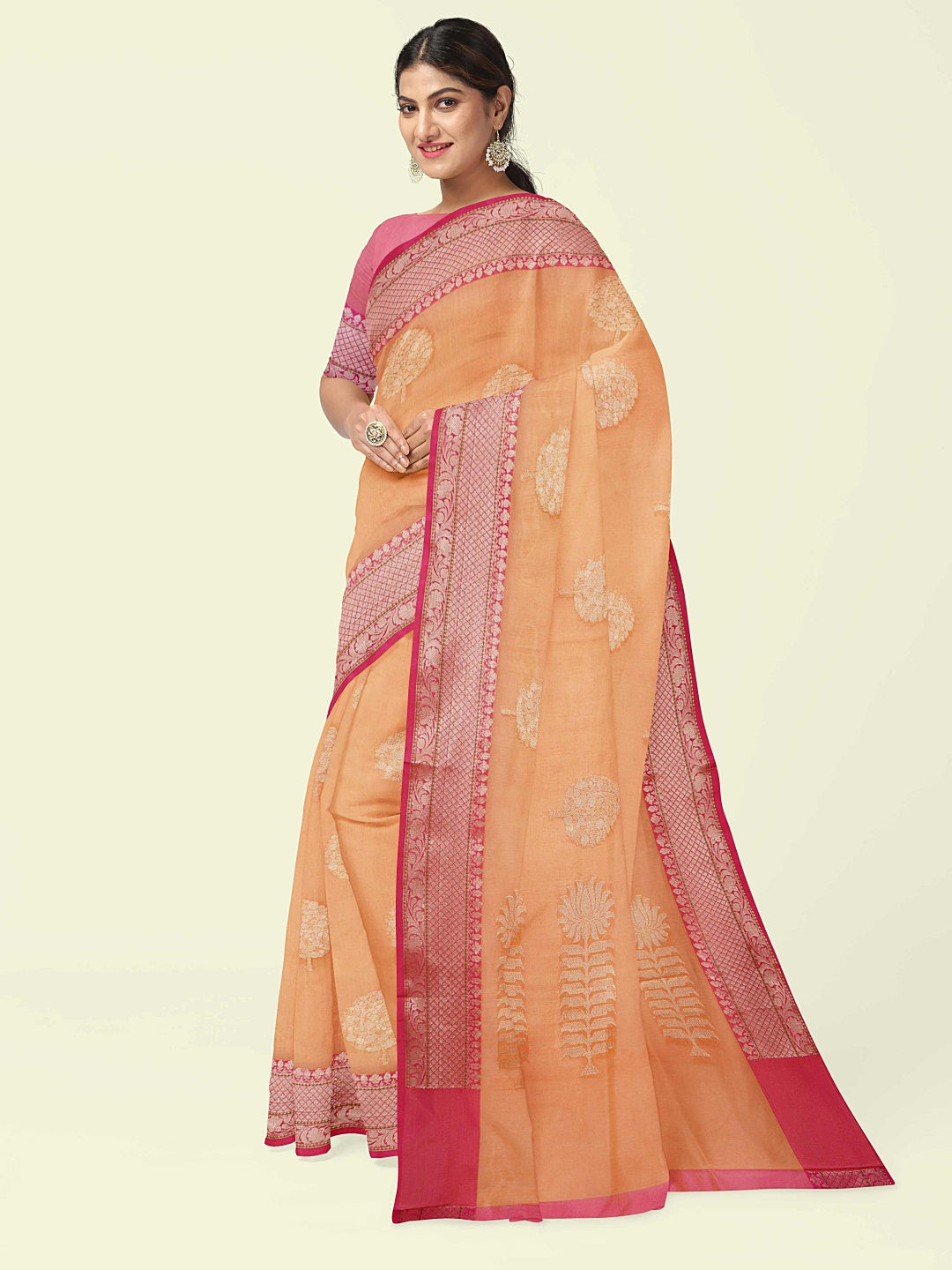 Orange Cotton Blend Banarasi Sarees For Women GEHKR 39