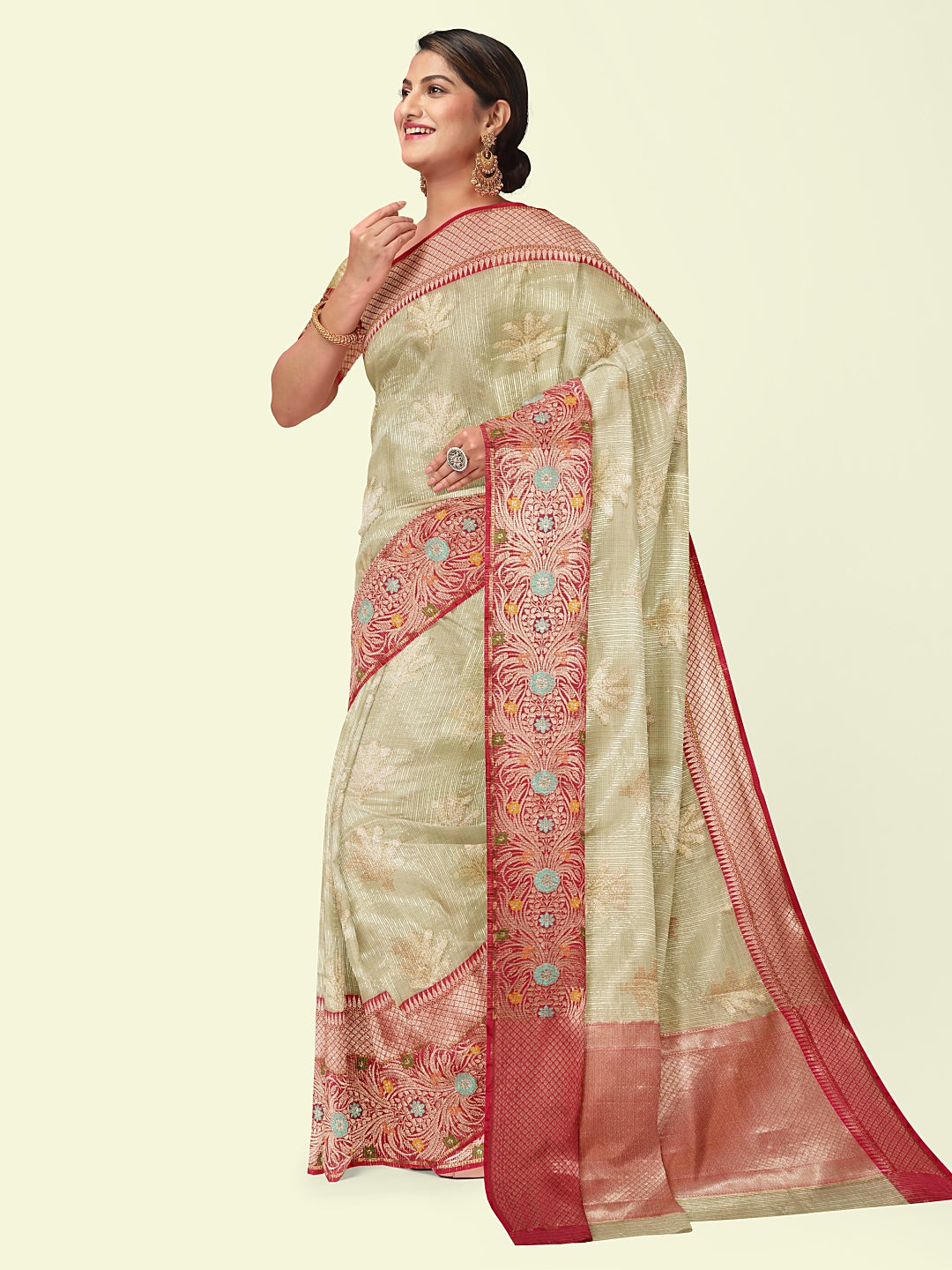 Faishana Presents Greenish Woven Organza Magenta Border With Magenta Blouse Banarasi Saree