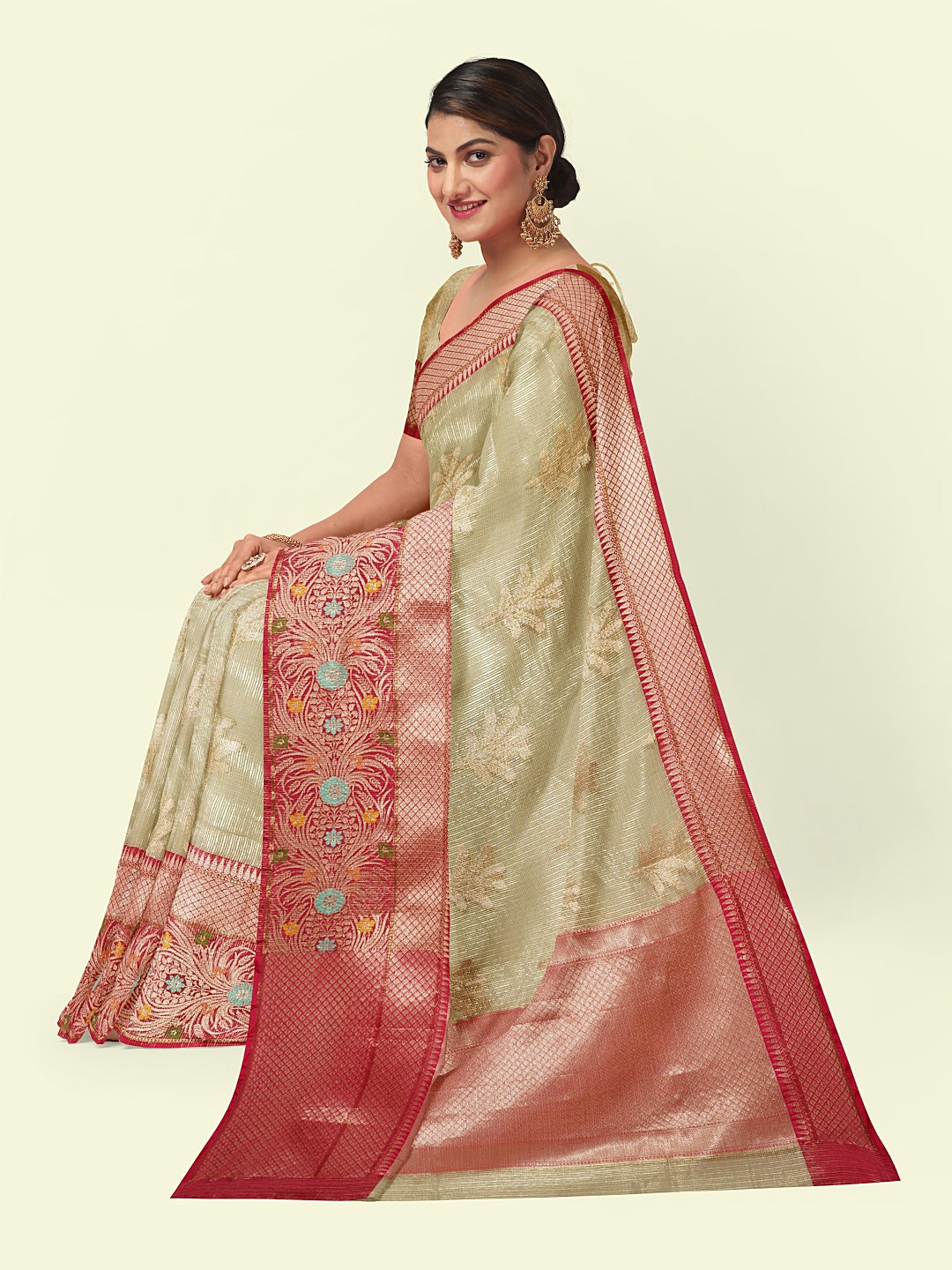 Faishana Presents Greenish Woven Organza Magenta Border With Magenta Blouse Banarasi Saree