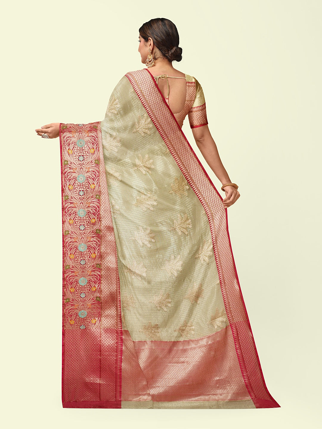 Faishana Presents Greenish Woven Organza Magenta Border With Magenta Blouse Banarasi Saree