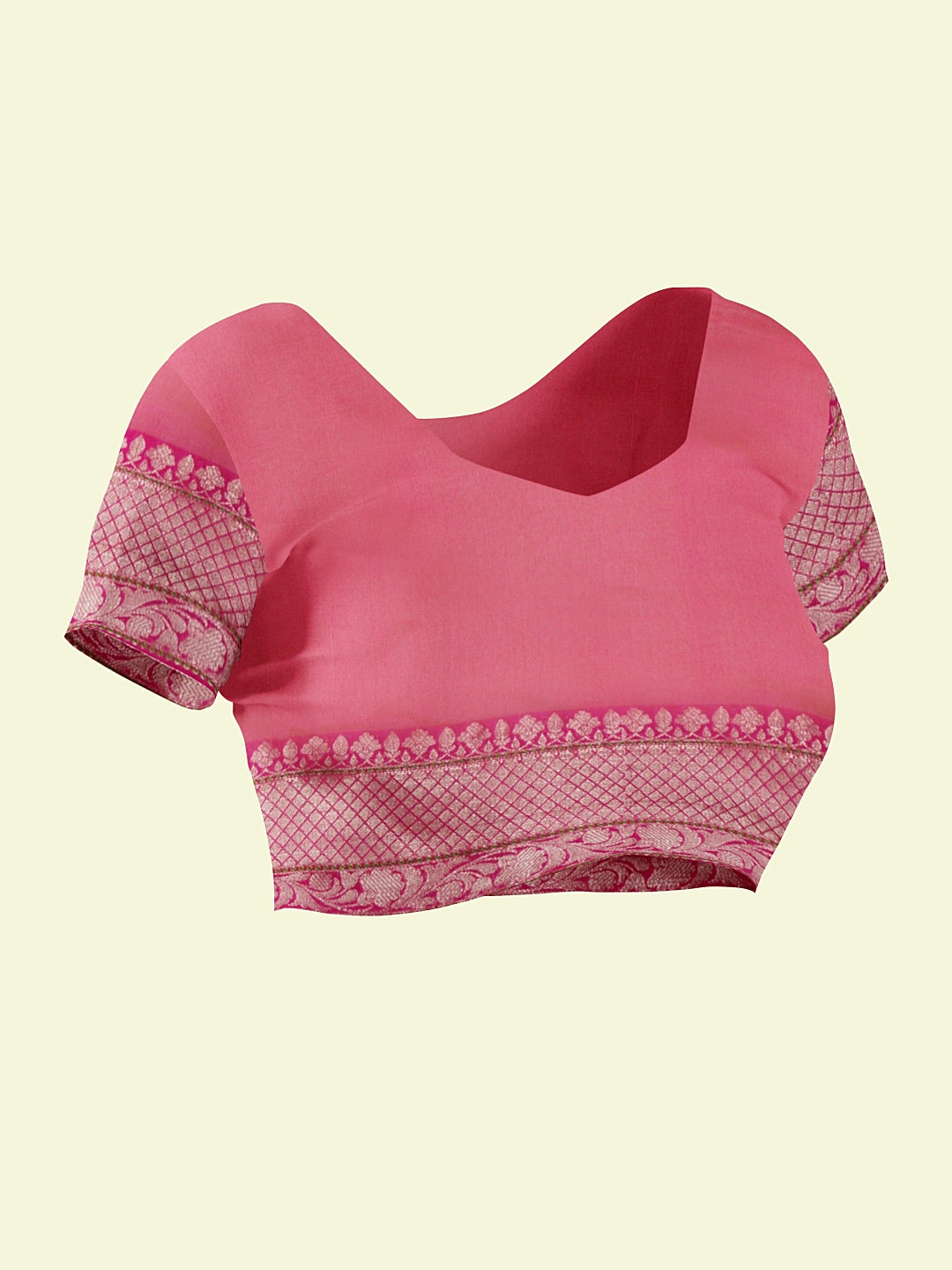 Faishana Presents Beige Woven Organza Pink Border With Pink Blouse Banarasi Saree