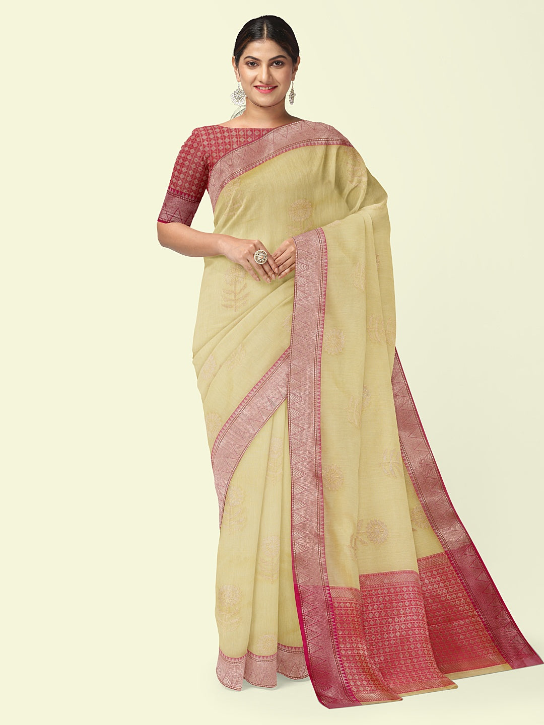 Beige Cotton Blend Banarasi Sarees For Women GEHKR 43