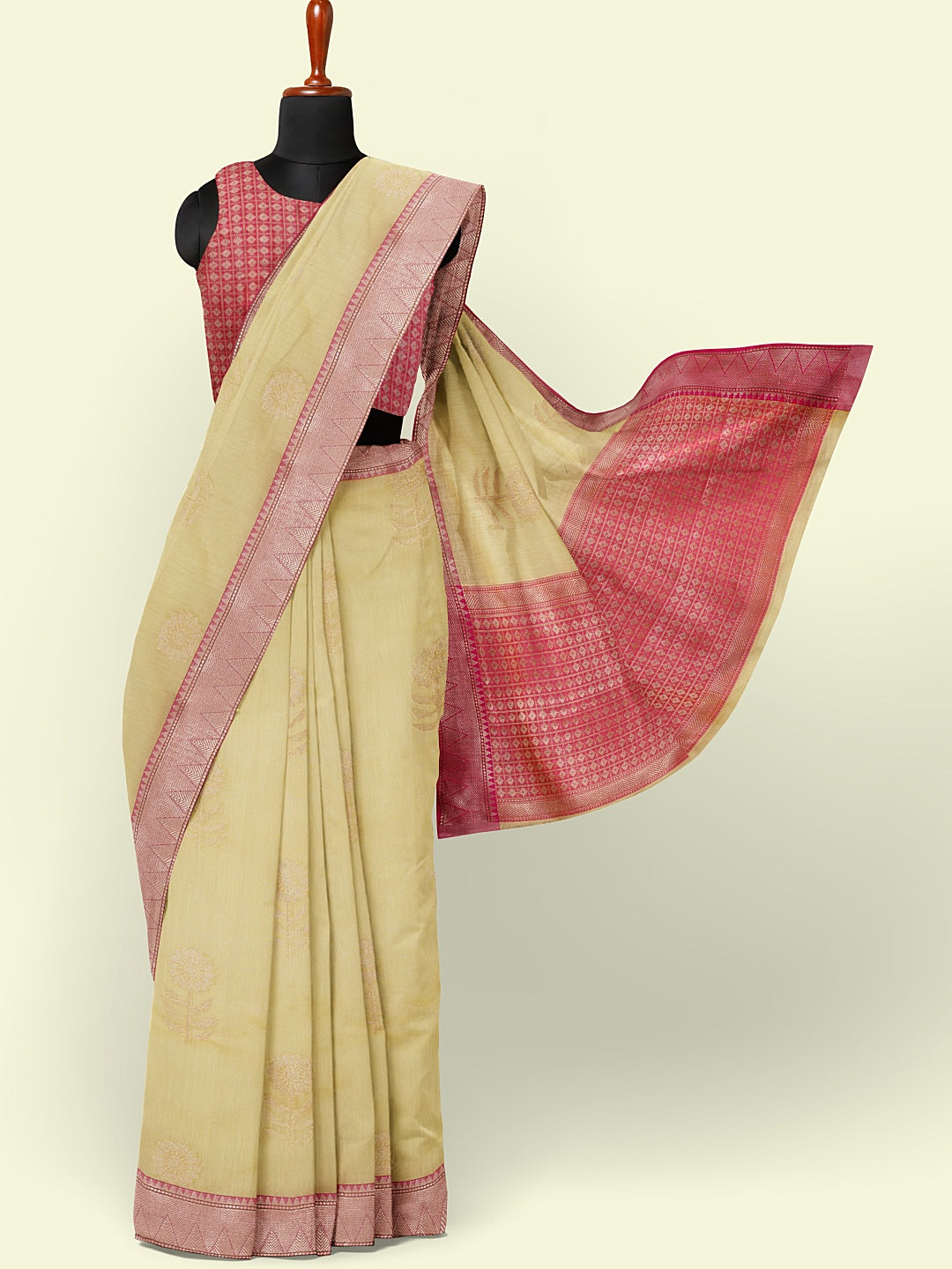 Beige Cotton Blend Banarasi Sarees For Women GEHKR 43