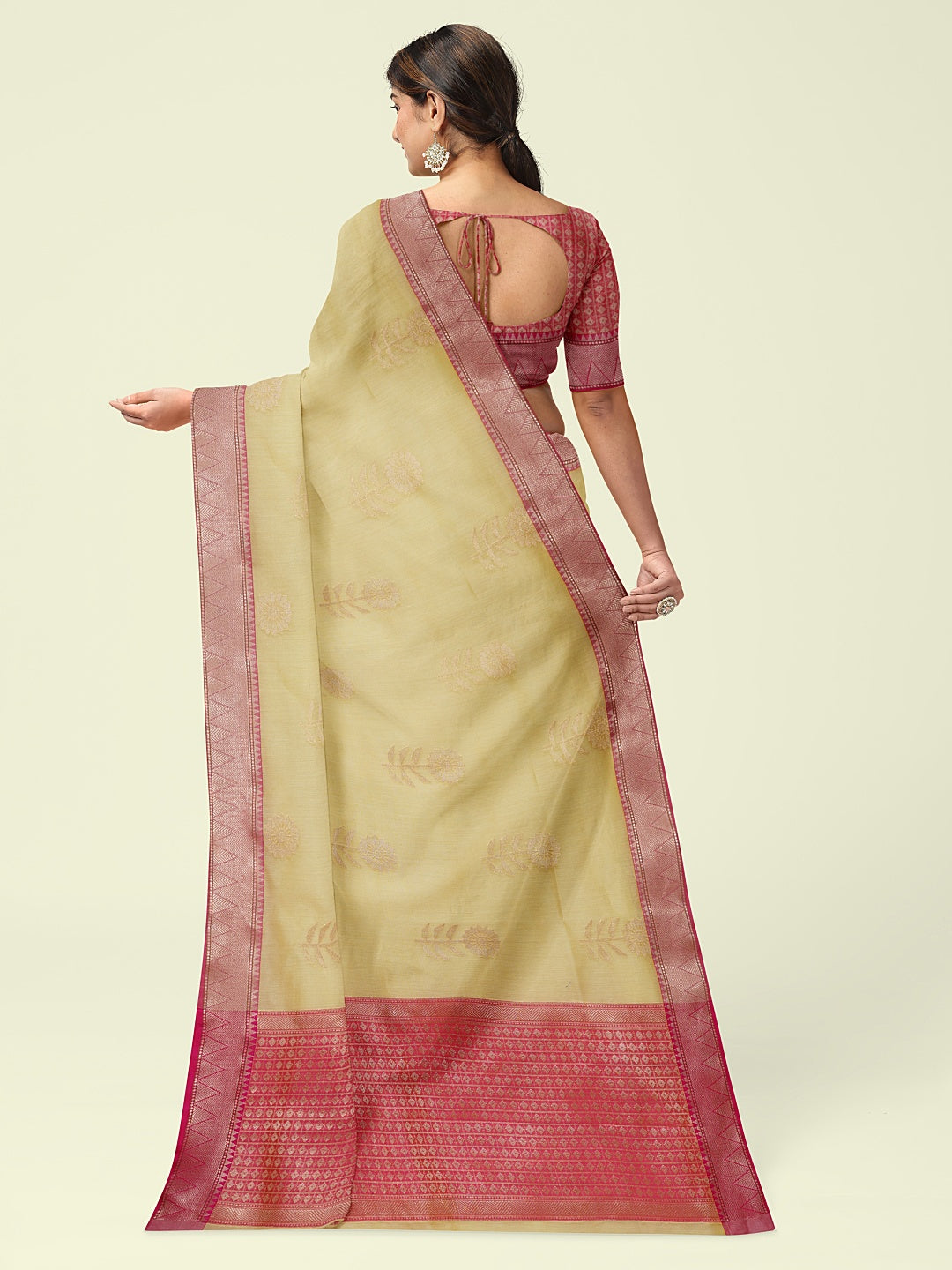 Faishana Presents Beige Woven Organza Pink Border With Pink Blouse Banarasi Saree