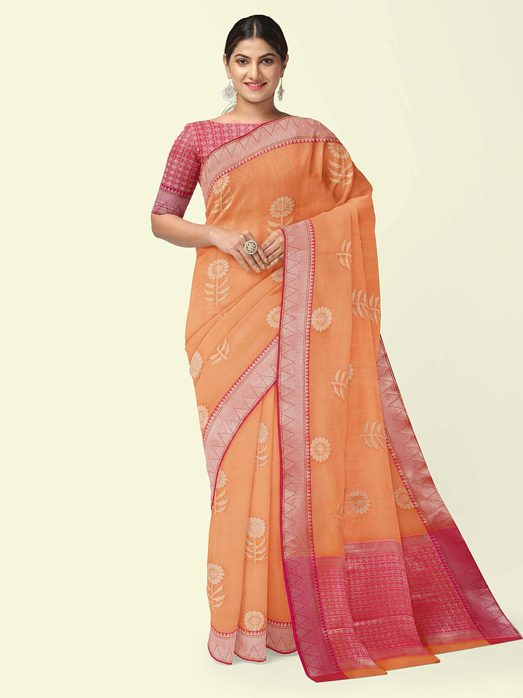 Faishana Presents Orange Woven Organza Pink Border With Pink Blouse Banarasi Saree
