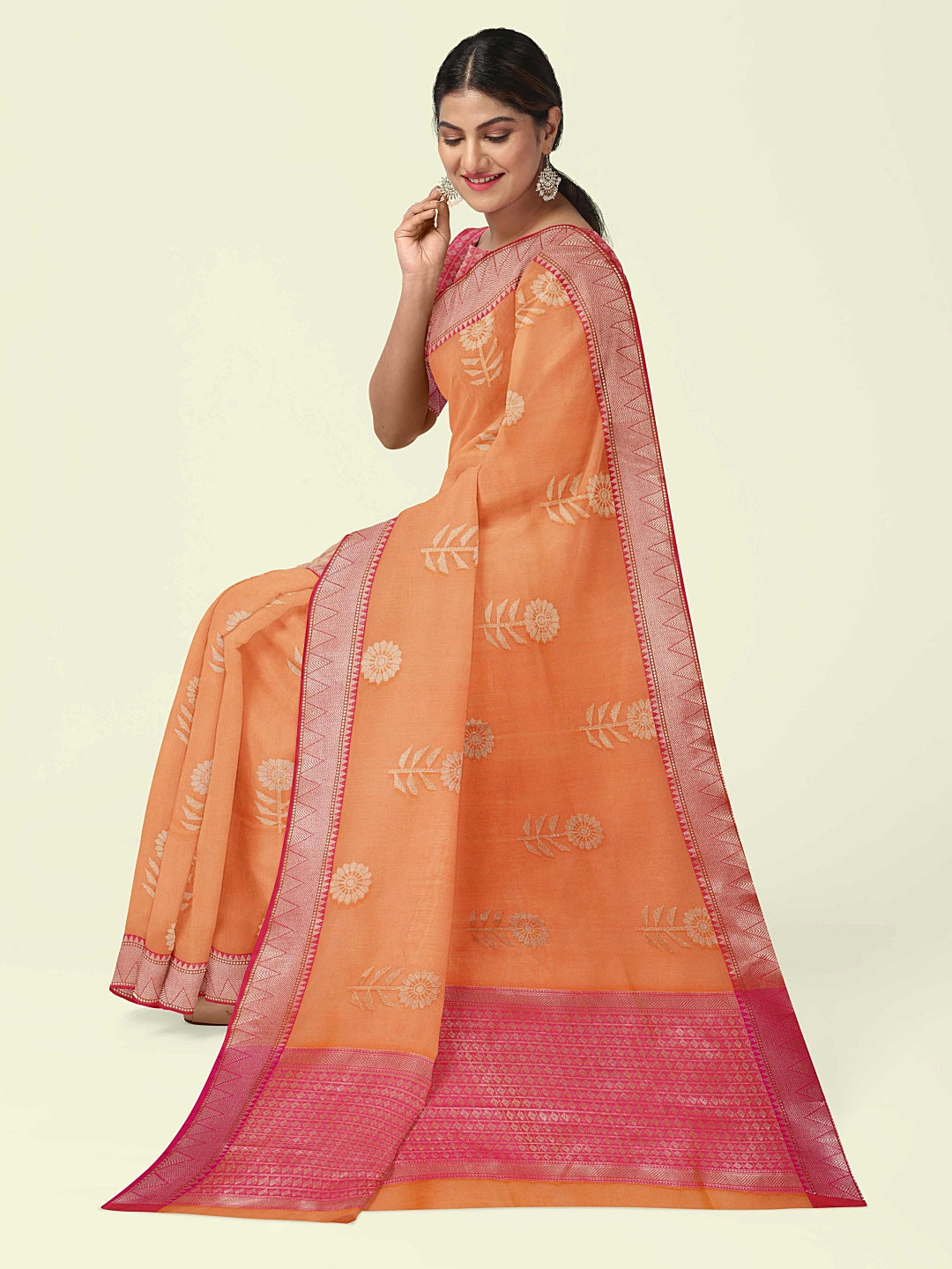 Faishana Presents Orange Woven Organza Pink Border With Pink Blouse Banarasi Saree