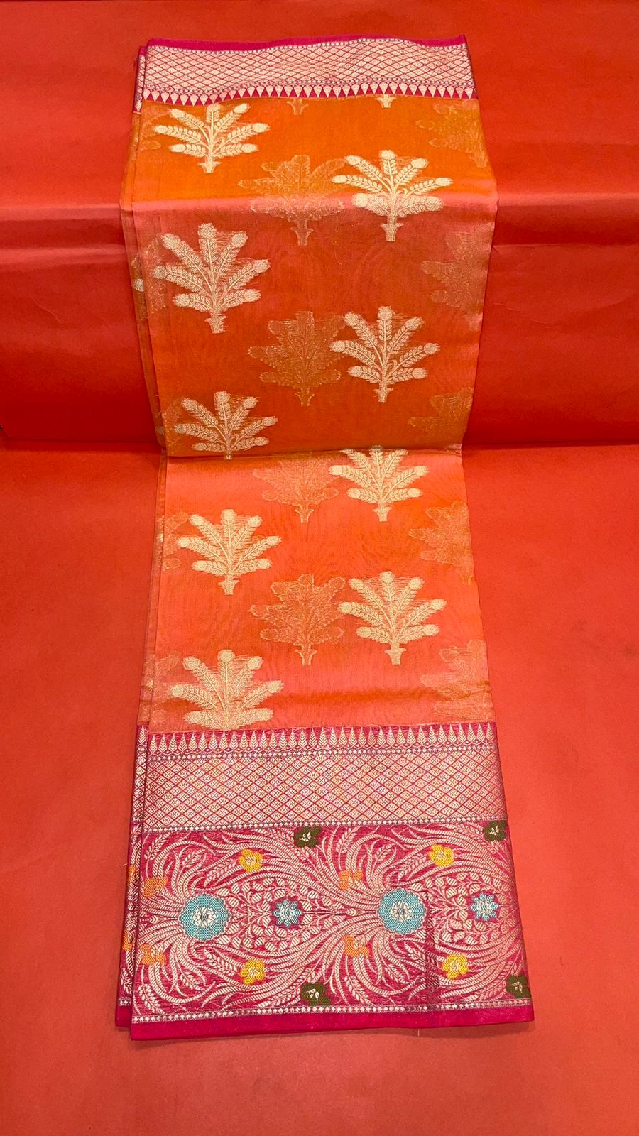 Faishana Presents Orange Woven Organza Pink Border With Pink Blouse Banarasi Saree