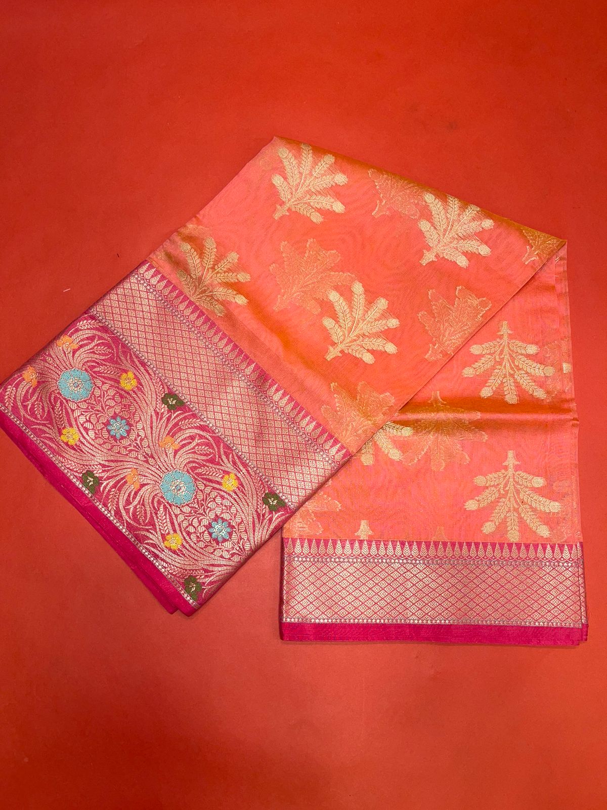 Faishana Presents Orange Woven Organza Pink Border With Pink Blouse Banarasi Saree