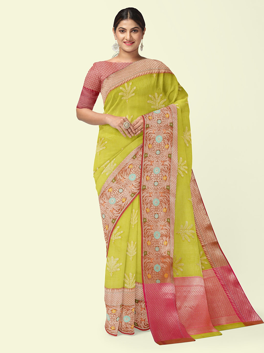 Green Cotton Blend Banarasi Sarees For Women GEHKR 5