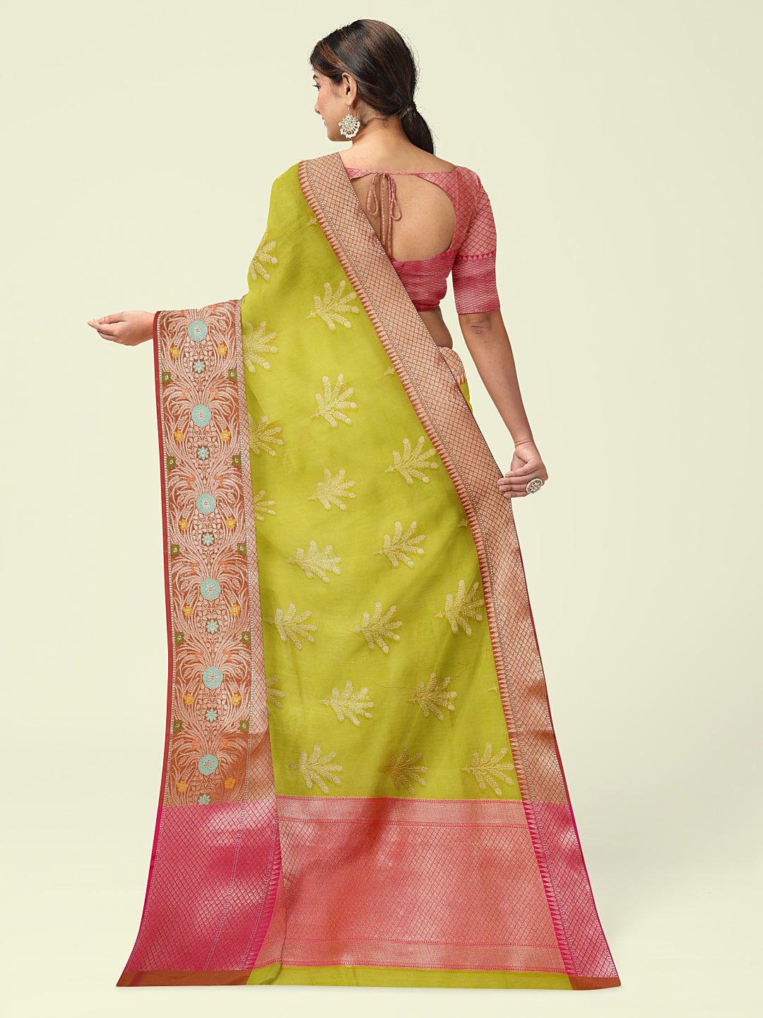 Faishana Presents Green Woven Organza Pink Border With Pink Blouse Banarasi Saree