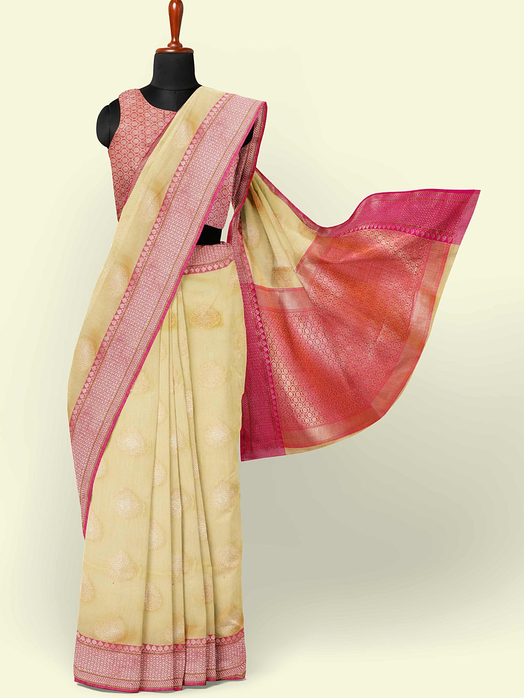 Faishana Presents Beige Woven Organza Pink Border With Pink Blouse Banarasi Saree