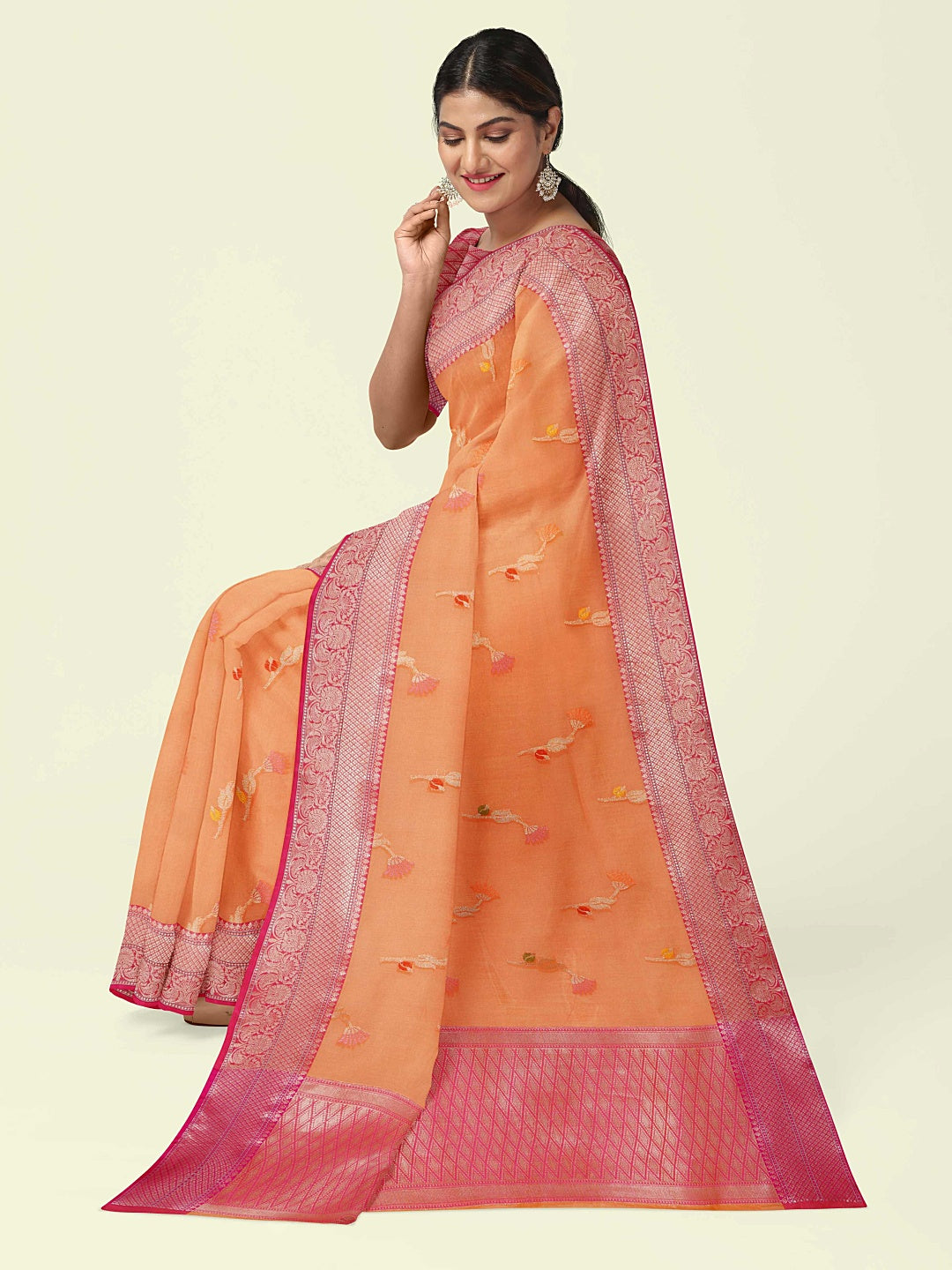 Orange Cotton Blend Banarasi Sarees For Women GEHKR 67