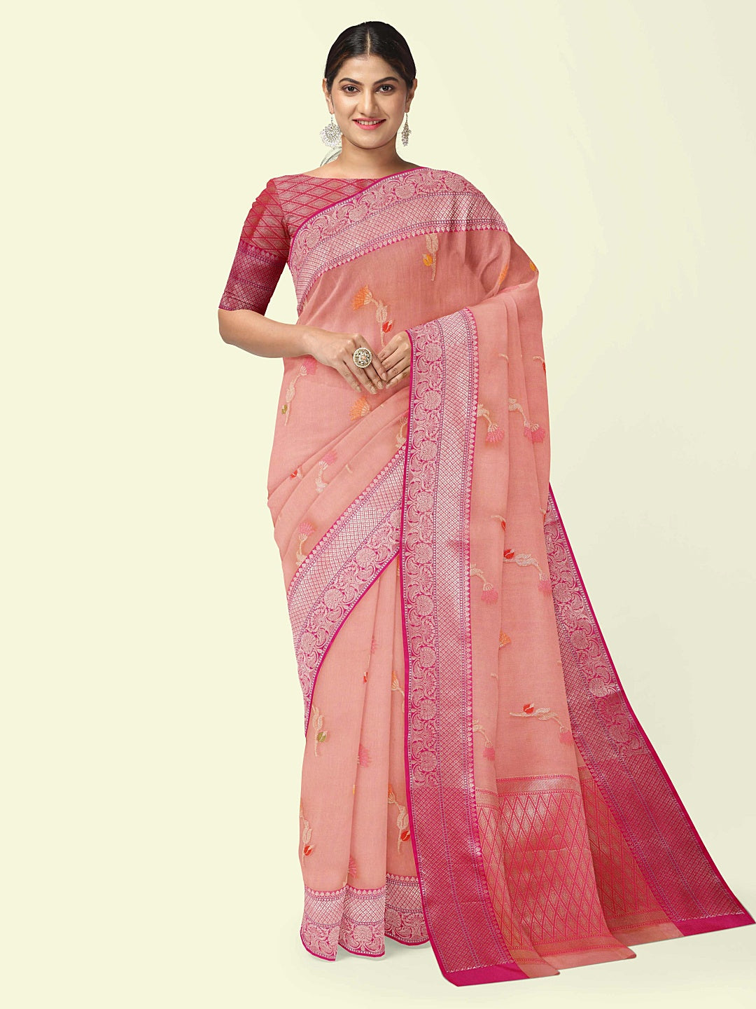 Faishana Presents Pink Woven Organza Pink Border With Pink Blouse Banarasi Saree