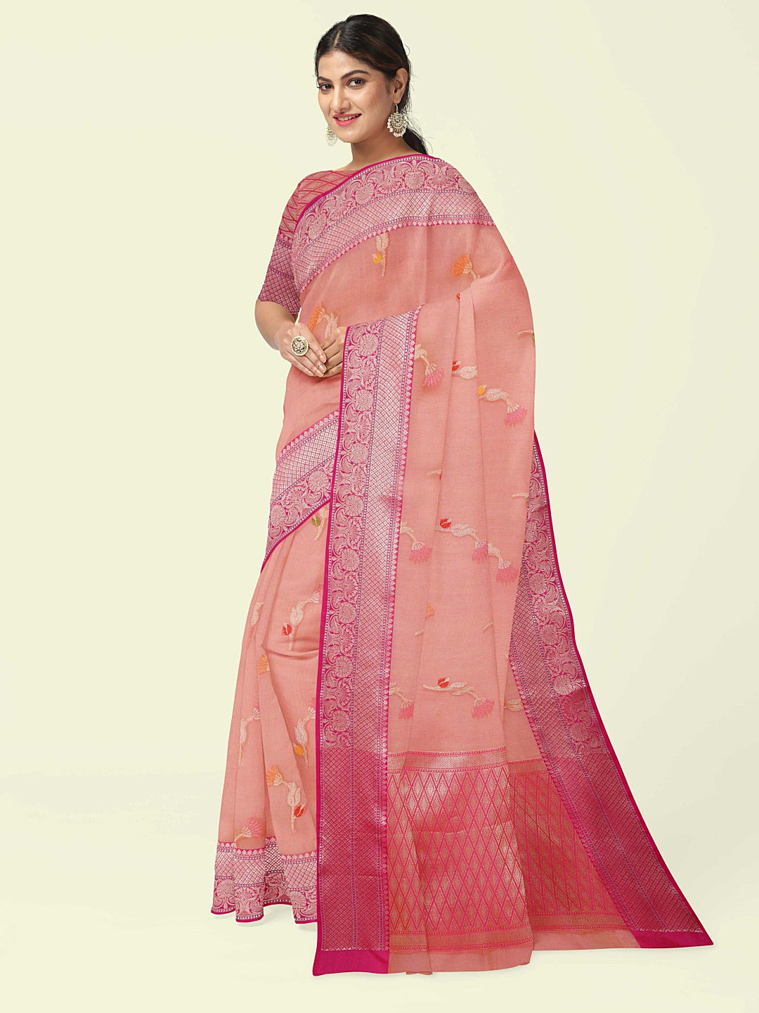 Faishana Presents Pink Woven Organza Pink Border With Pink Blouse Banarasi Saree
