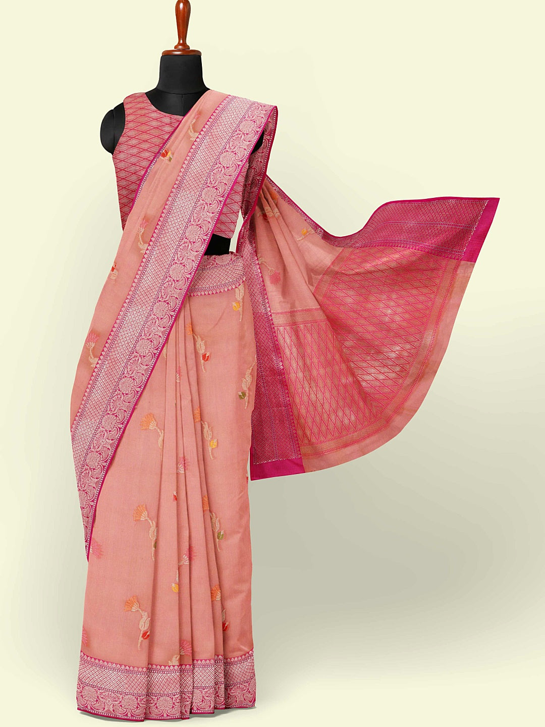 Faishana Presents Pink Woven Organza Pink Border With Pink Blouse Banarasi Saree