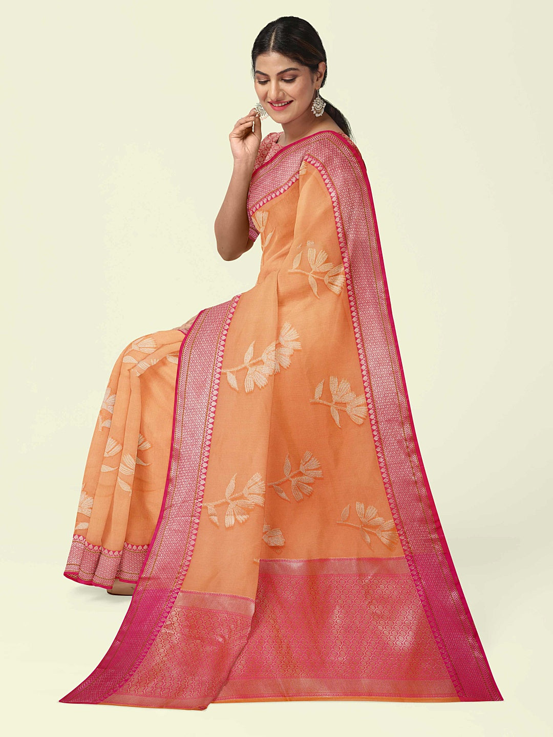 Faishana Presents Orange Woven Organza Pink Border With Pink Blouse Banarasi Saree