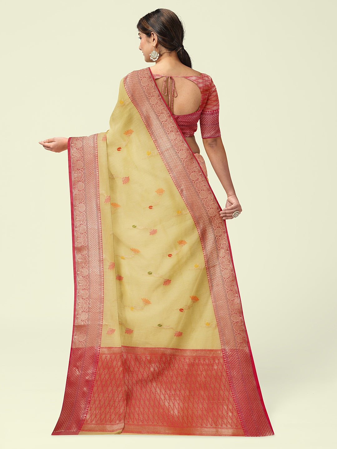 Faishana Presents Beige Woven Organza Yellow Border With Beige Blouse Banarasi Saree