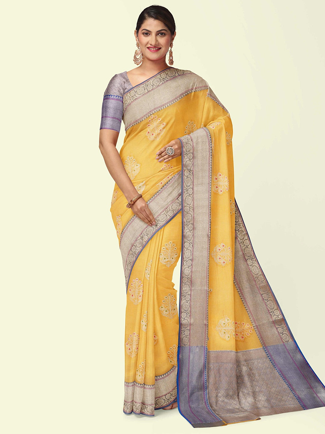 Yellow Cotton Blend Banarasi Sarees For Women GEHKR 73