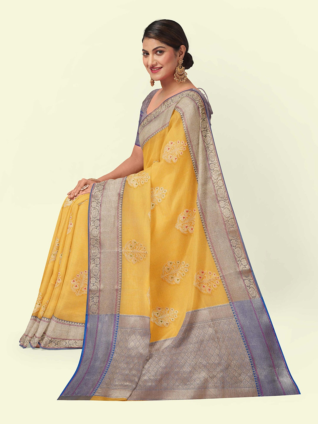 Yellow Cotton Blend Banarasi Sarees For Women GEHKR 73