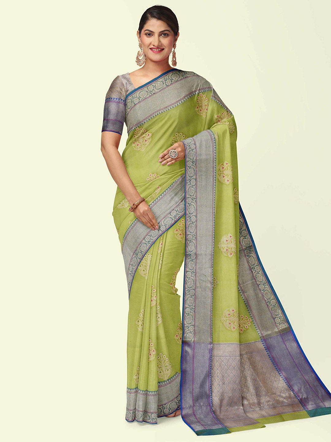 Faishana Presents Gold Woven Organza Blue Border With Blue Blouse Banarasi Saree