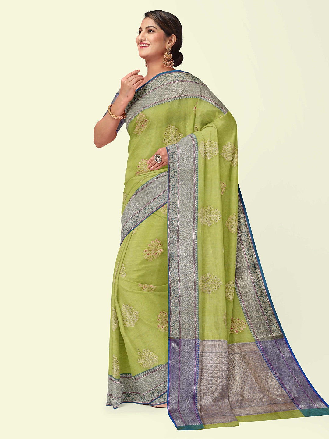 Green Cotton Blend Banarasi Sarees For Women GEHKR 75