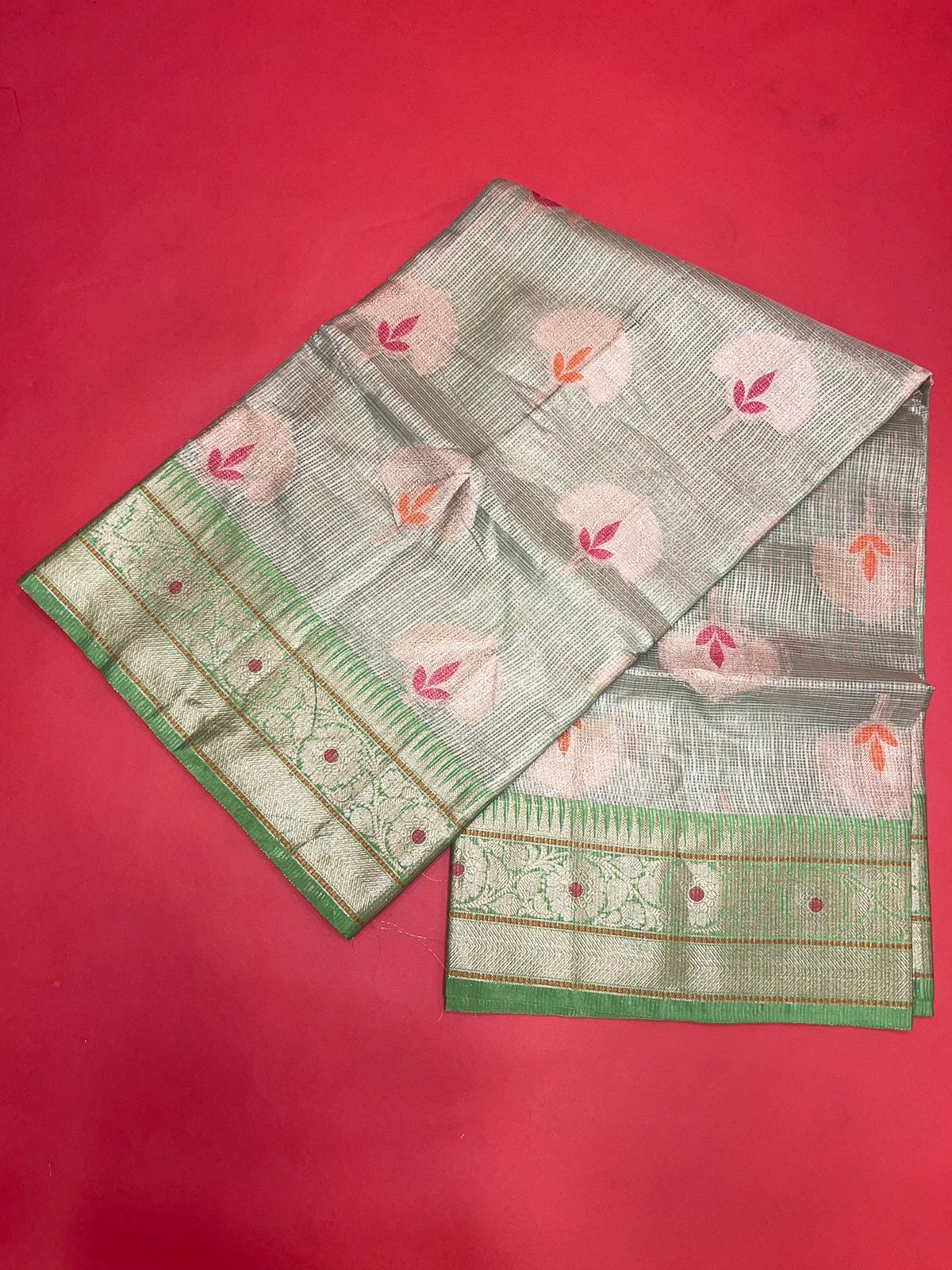 Faishana Presents Beige Woven Organza Green Border With Green Blouse Banarasi Saree
