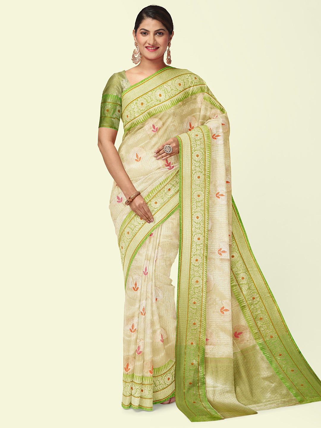 Beige Cotton Blend Banarasi Sarees For Women GEHKR 76